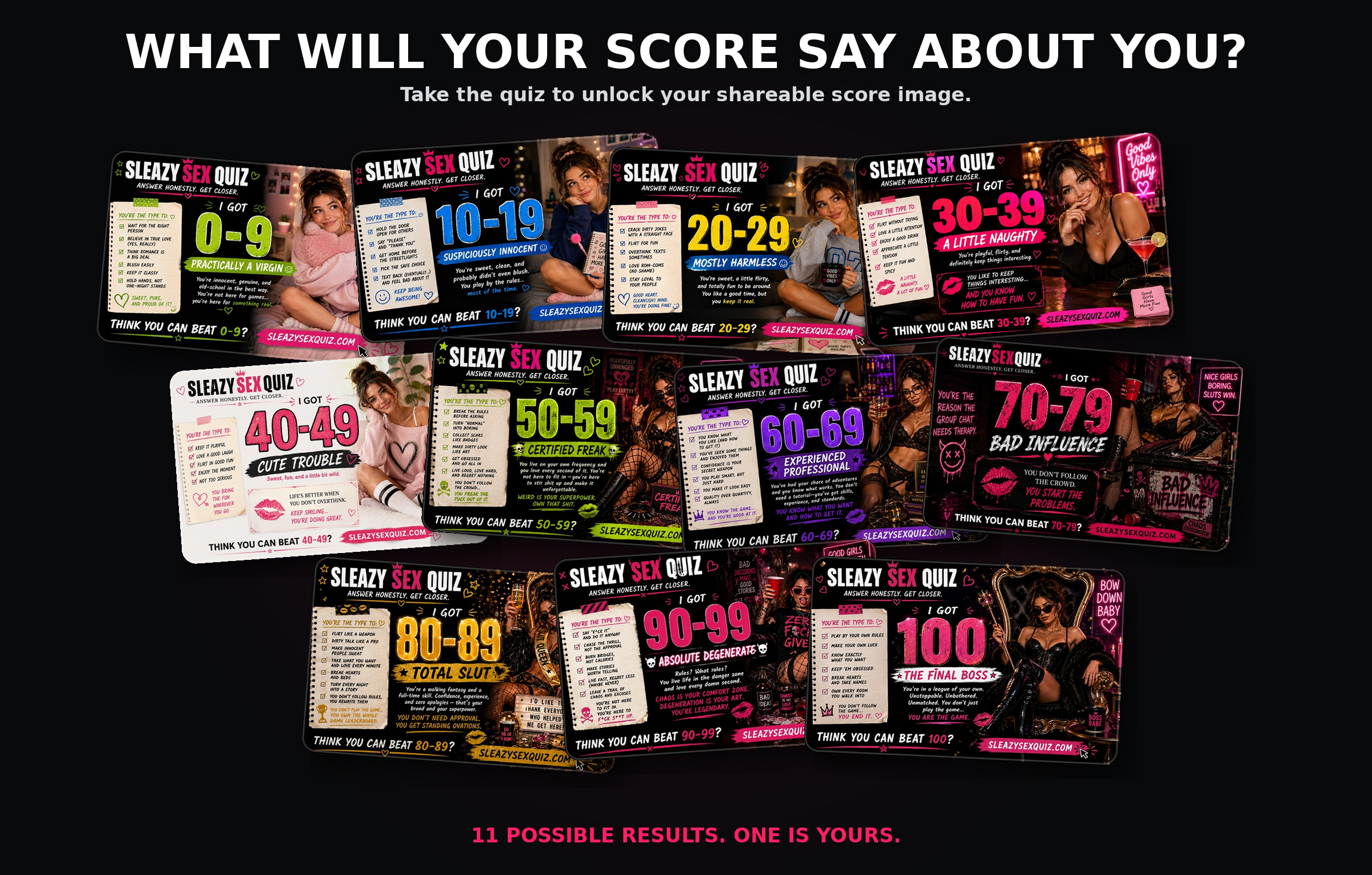 Preview collage of the possible SleazySexQuiz score results